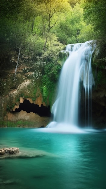 A waterfall in the forest with a green tree in the foreground