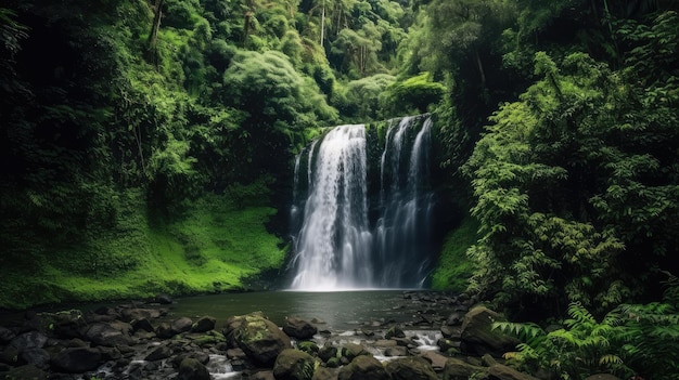 A waterfall in the forest with green vegetation