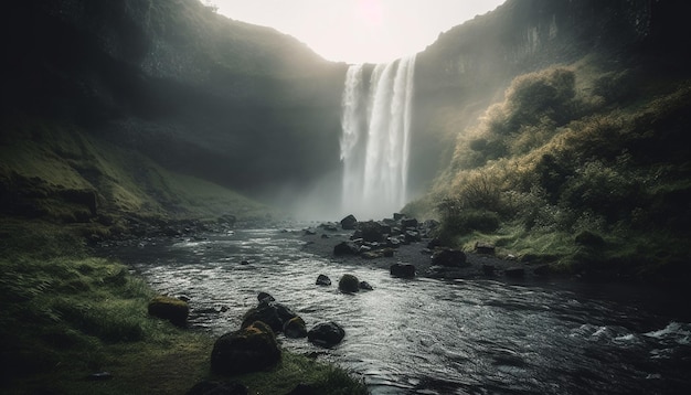 A waterfall in a forest with a light on it