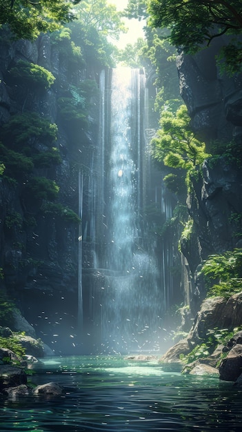 a waterfall in the forest with a light shining on the water