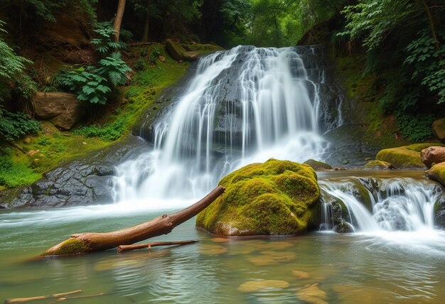 Photo a waterfall in the forest with a log on the ground