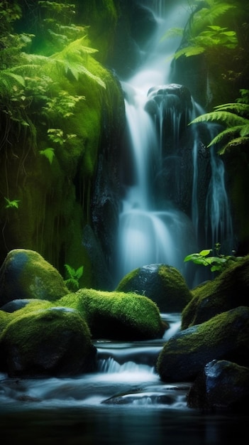 A waterfall in the forest with moss and plants