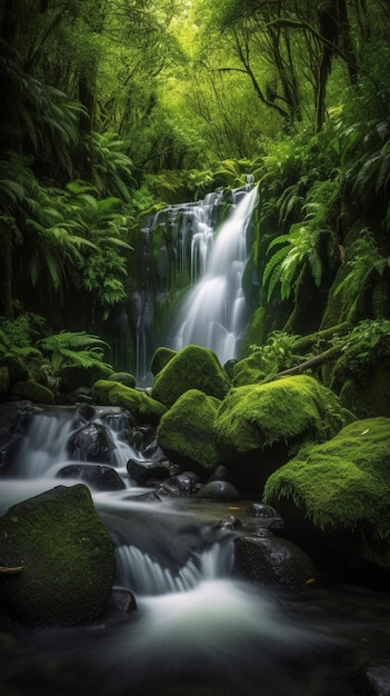 A waterfall in a forest with moss on the rocks