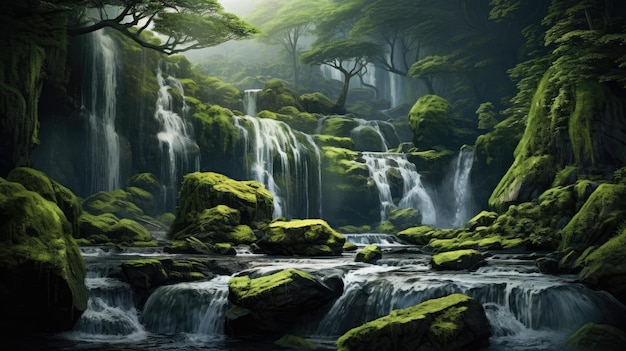 a waterfall in the forest with mossy rocks and trees.