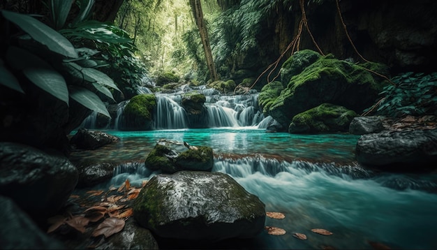 A waterfall in a forest with a mossy tree in the background