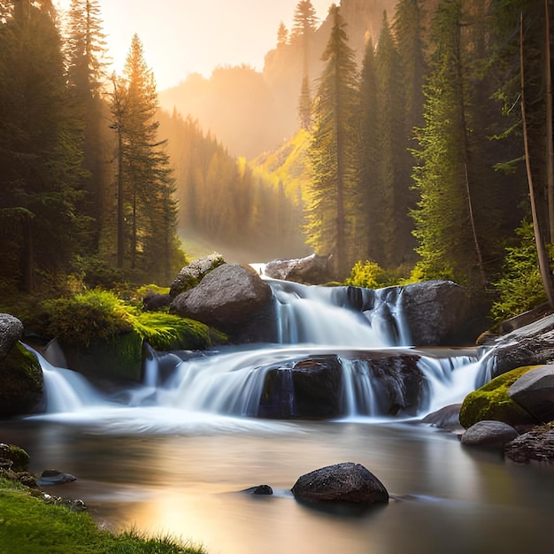 A waterfall in the forest with a mountain stream in the background.