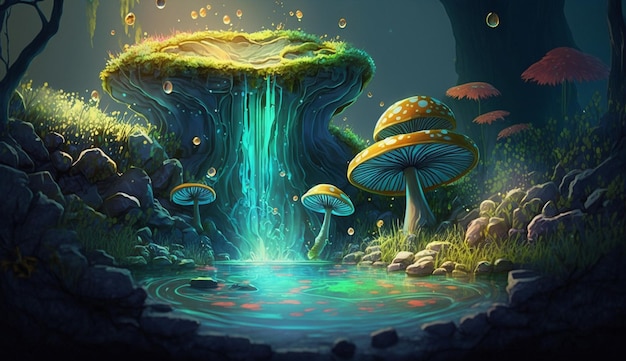 A waterfall in a forest with mushrooms on the bottom