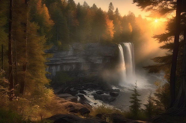 A waterfall in the forest with the sun shining on the horizon