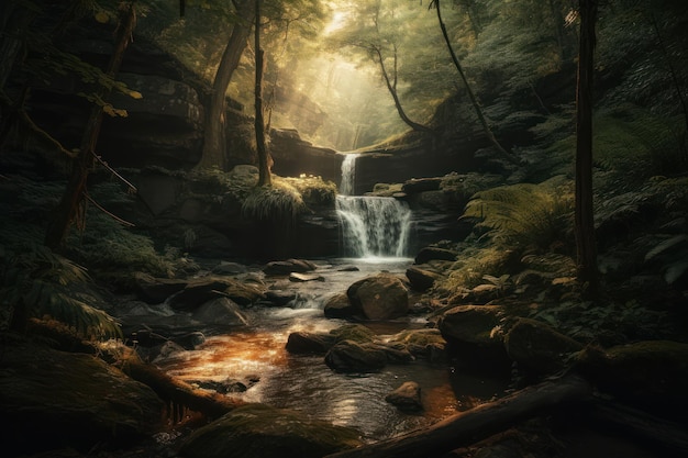 A waterfall in a forest with the sun shining through the trees