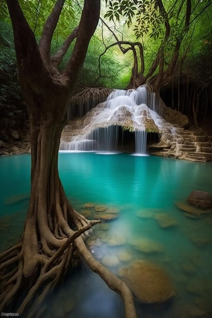 A waterfall in the forest with a tree in the foreground