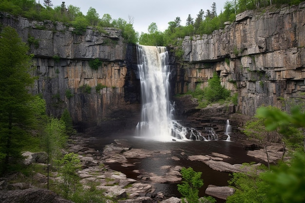 A waterfall in the forest with trees in the background