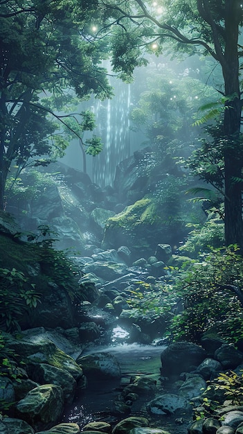 a waterfall in the forest with a waterfall in the background