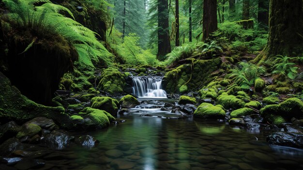 a waterfall in a forest with a waterfall in the background