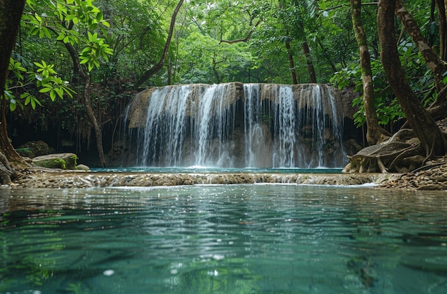 a waterfall in the forest with a waterfall in the background