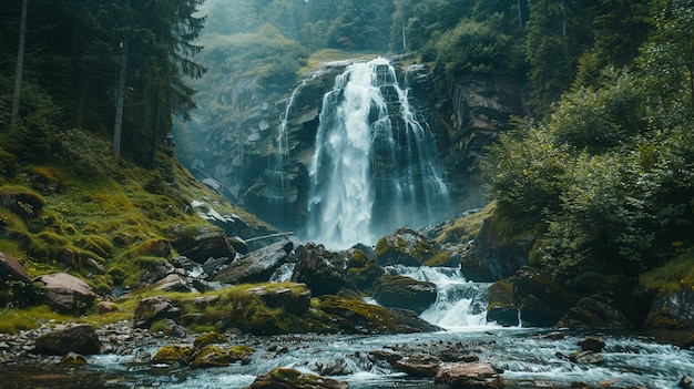 a waterfall in the forest with a waterfall in the background