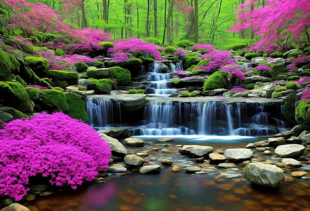 A waterfall in the forest with a waterfall