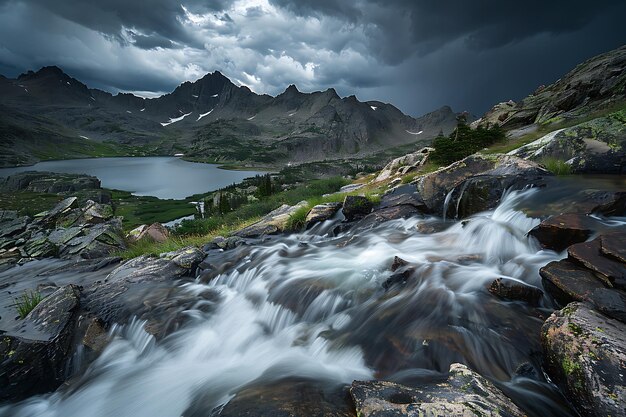 a waterfall in front of a mountain with a mountain in the background