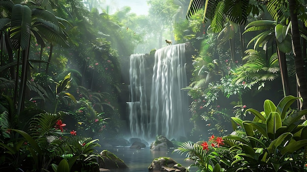 Waterfall in the garden with sun light and green leaves background