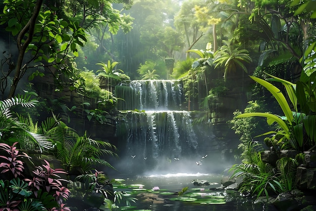 Waterfall in the garden with sun light and green leaves background