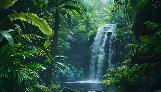 Waterfall in the garden with sun light and green leaves background