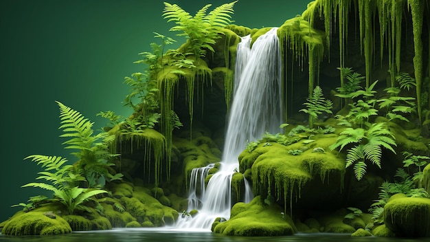 Waterfall In Green Forest With Ferns 3D Illustration