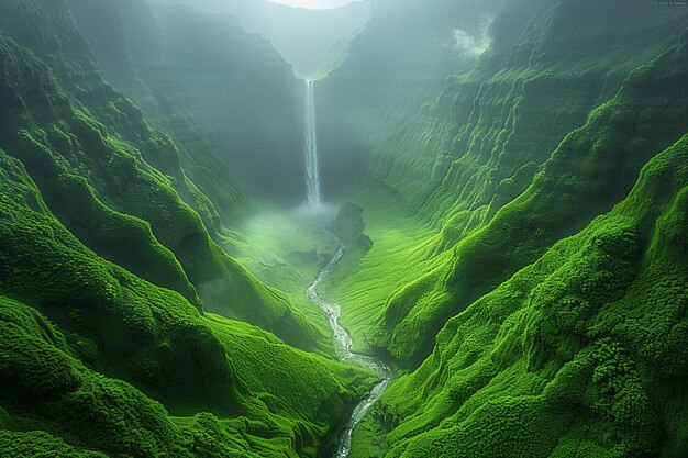 Photo a waterfall in a green landscape with a waterfall in the middle of it