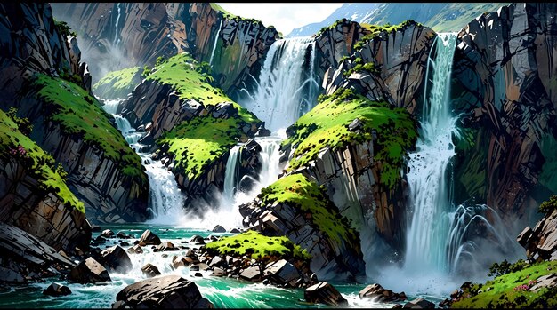 Photo waterfall in green mountain valleyin anime semirealism