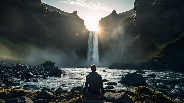 Waterfall in iceland silhouette of man enjoying