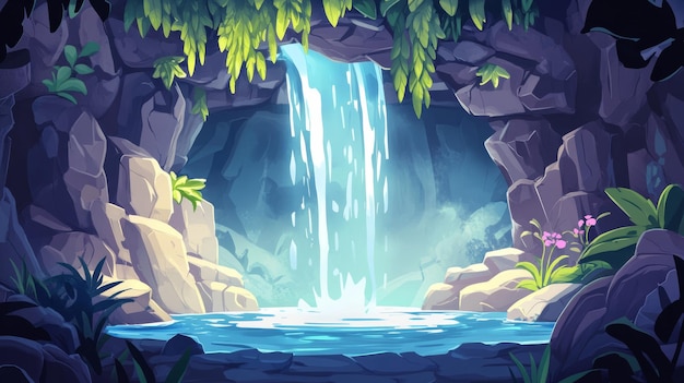 Photo waterfall inside cave landscape illustration