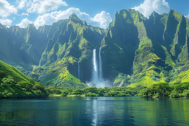 a waterfall is in the background of a mountain with a mountain in the background