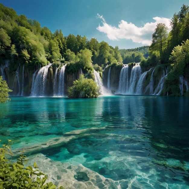 a waterfall is in the background and the water is blue