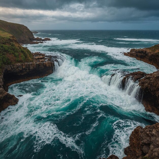 a waterfall is coming out of a cliff and the ocean is about to fall