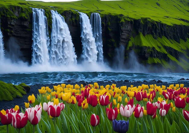 A waterfall is behind a field of tulips.