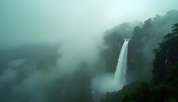 a waterfall is in the fog and the water is about to fall