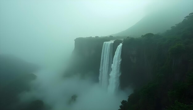 a waterfall is in the fog and the water is in the air