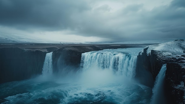 Photo a waterfall is in the foreground of a large body of water