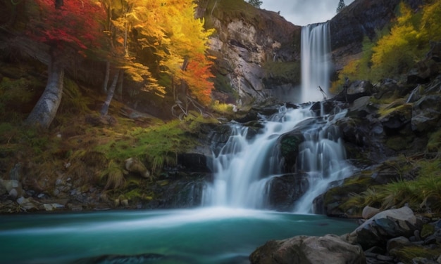 a waterfall is in the foreground and the trees are turning color