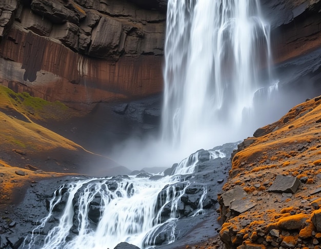 Photo a waterfall is in front of a cliff that has a waterfall on it