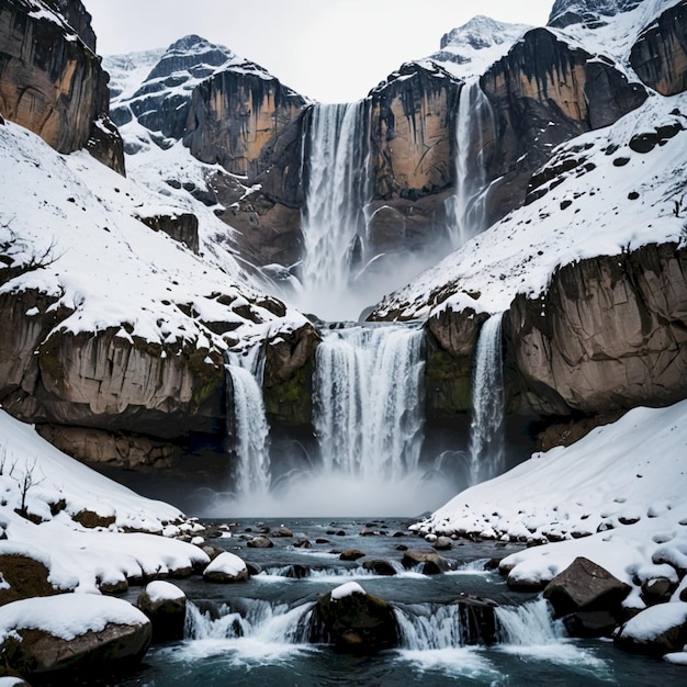 Photo a waterfall is in front of a mountain that has snow on it