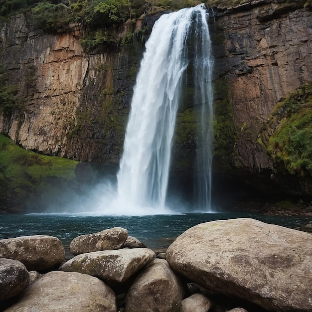 Waterfall is in front of a rocky cliff and a green forest