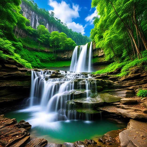 a waterfall is in the middle of a forest with a sky background