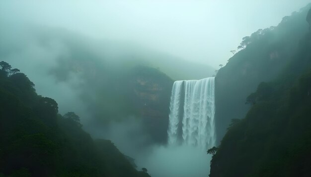 a waterfall is in the middle of a forest with trees on the side