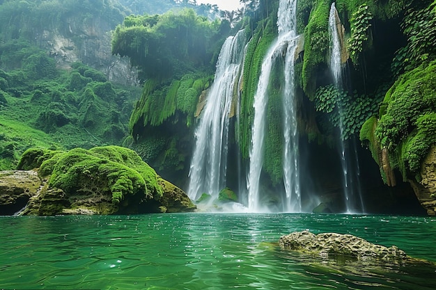 a waterfall is in the middle of a forest