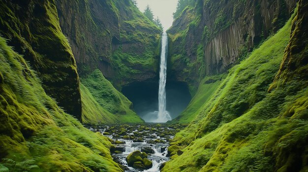 Photo a waterfall is in the middle of a green mountain