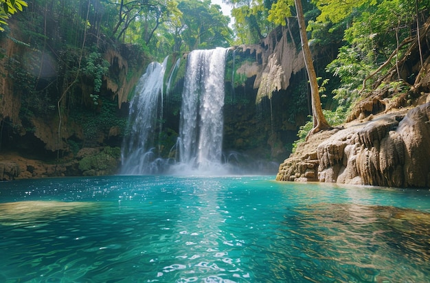 a waterfall is in the middle of a jungle with a tree in the foreground