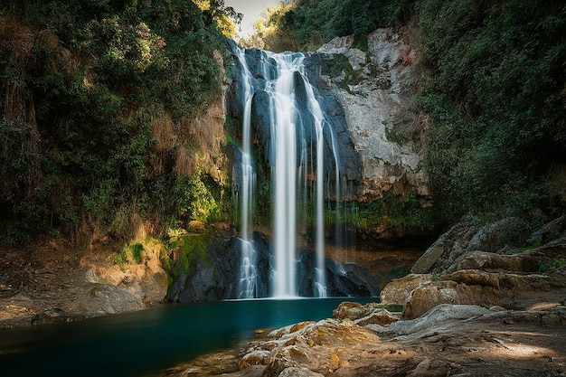 a waterfall is in the middle of a jungle