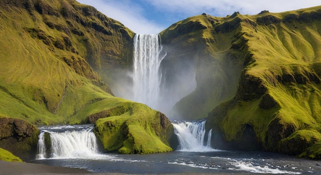 Photo a waterfall is in the middle of a mountain with a green mossy rock