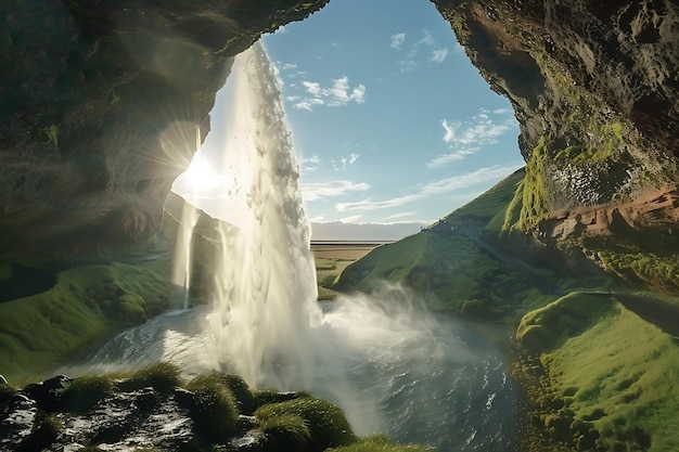 Photo a waterfall is in the middle of a mountain with the sun shining through it