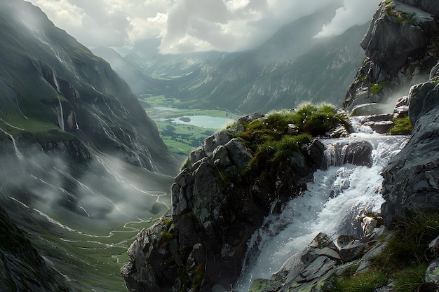 a waterfall is on a mountain with a green field in the background