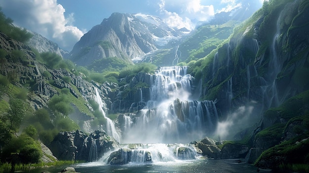 a waterfall is in the mountains with a mountain in the background